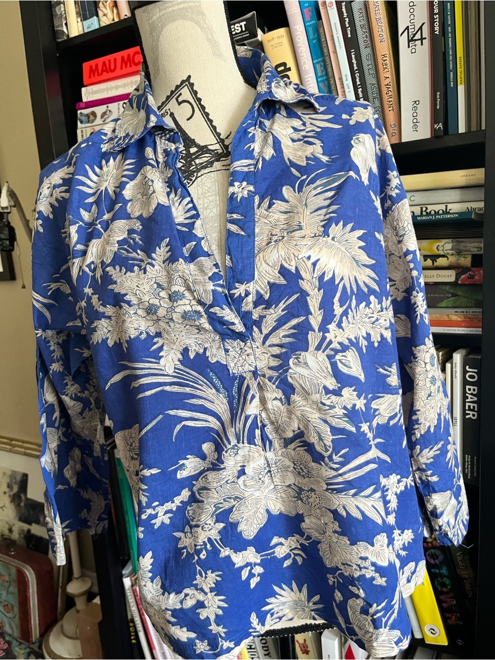 Blue Floral Collared Tunic Top